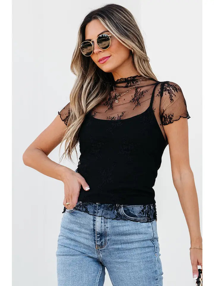 FLORAL SHEER MESH SHORT SLEEVE HIGH NECK