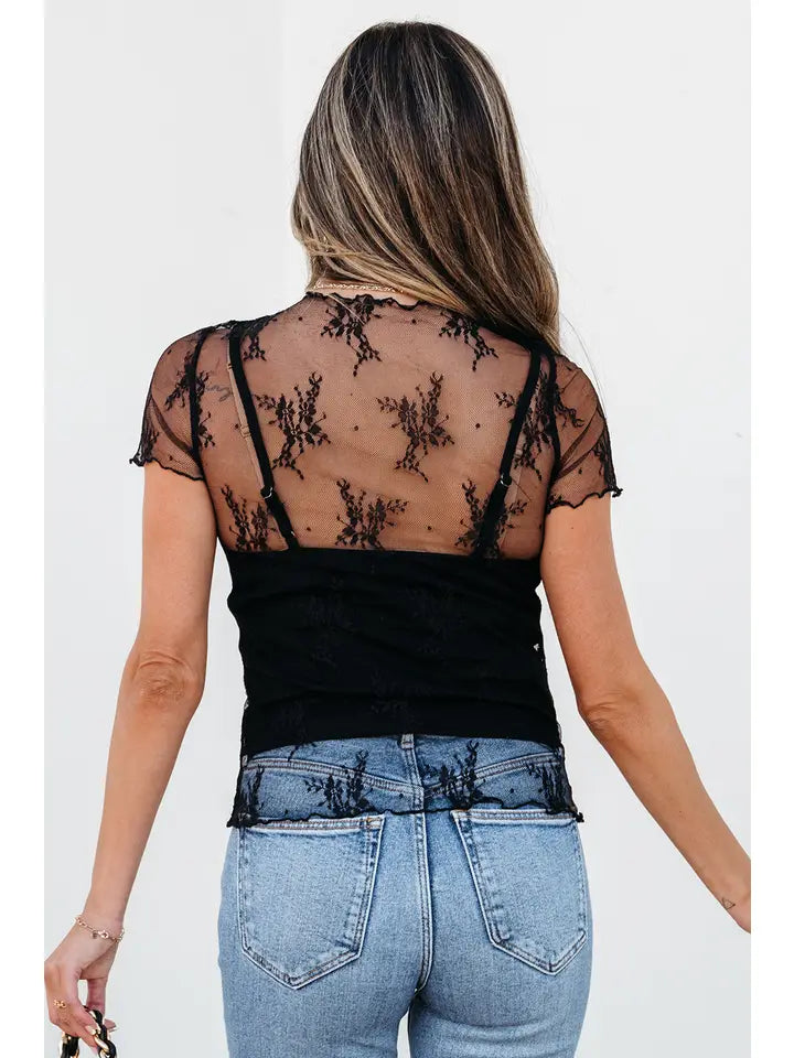 FLORAL SHEER MESH SHORT SLEEVE HIGH NECK