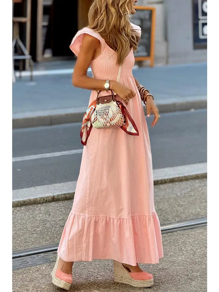 V-NECK FLUTTER SLEEVE MAXI DRESS