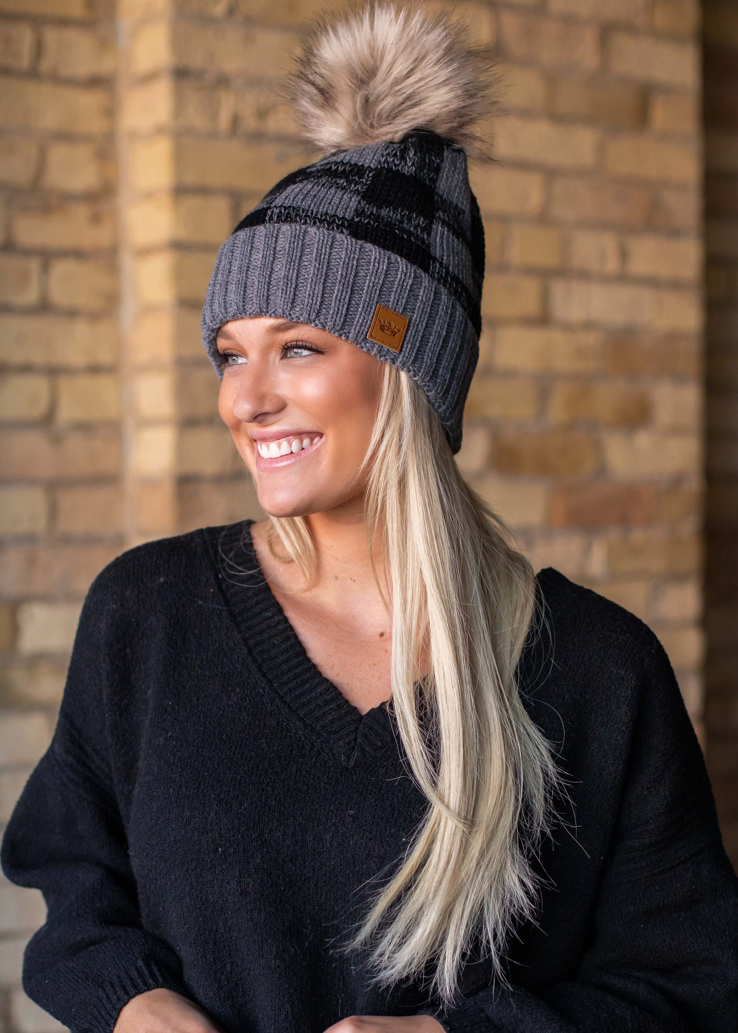 Grey Buffalo Plaid Pom Hat