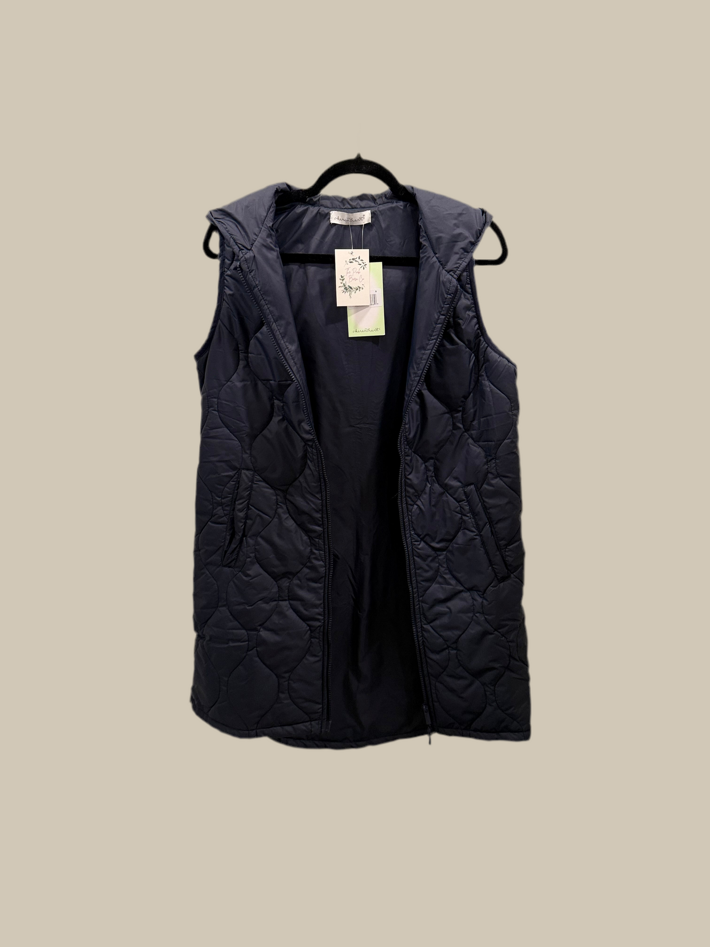 LONG NAVY HOODED VEST