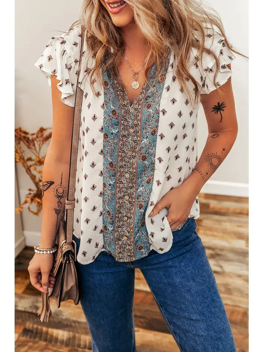 BOHO PATTERN RUFFLED SLEEVE V-NECK BLOUSE