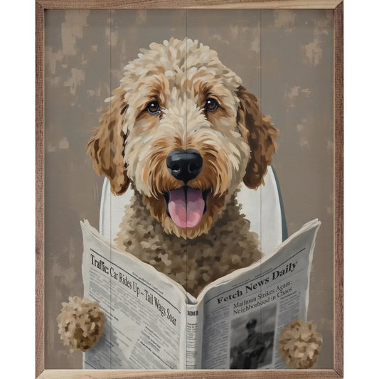 DOG READING NEWSPAPER SIGN