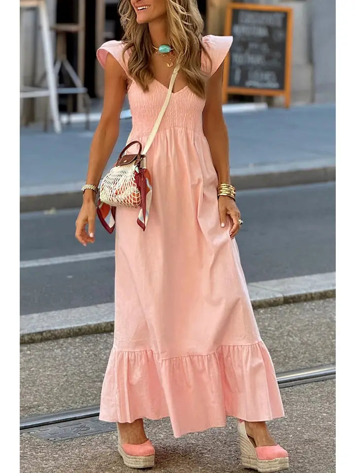 V-NECK FLUTTER SLEEVE MAXI DRESS